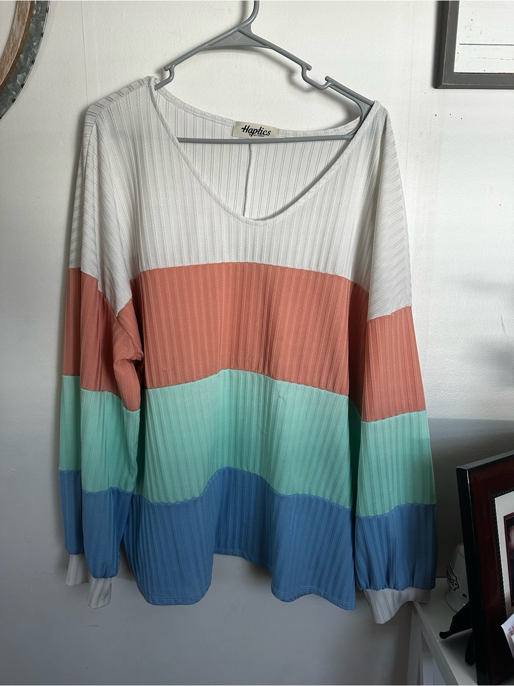 Women’s Colorblock Long Sleeve Top - White, Coral, Mint & Blue 3XL
